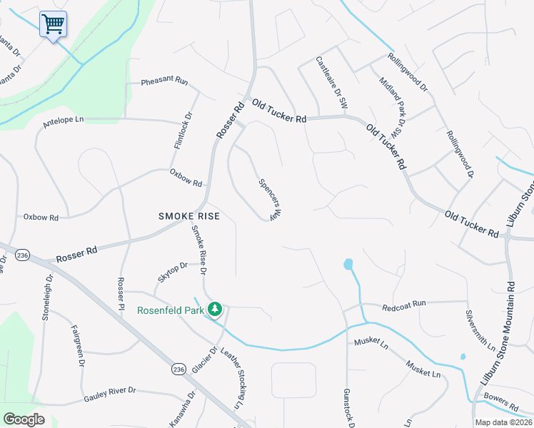 map of restaurants, bars, coffee shops, grocery stores, and more near 2180 Spencers Way in Stone Mountain