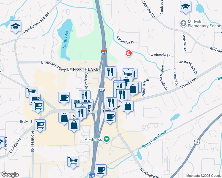 map of restaurants, bars, coffee shops, grocery stores, and more near 2190 Northlake Parkway in Tucker