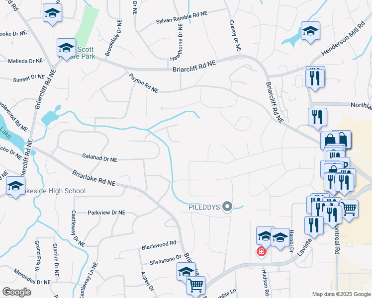 map of restaurants, bars, coffee shops, grocery stores, and more near 2208 Guinevere Way in Atlanta
