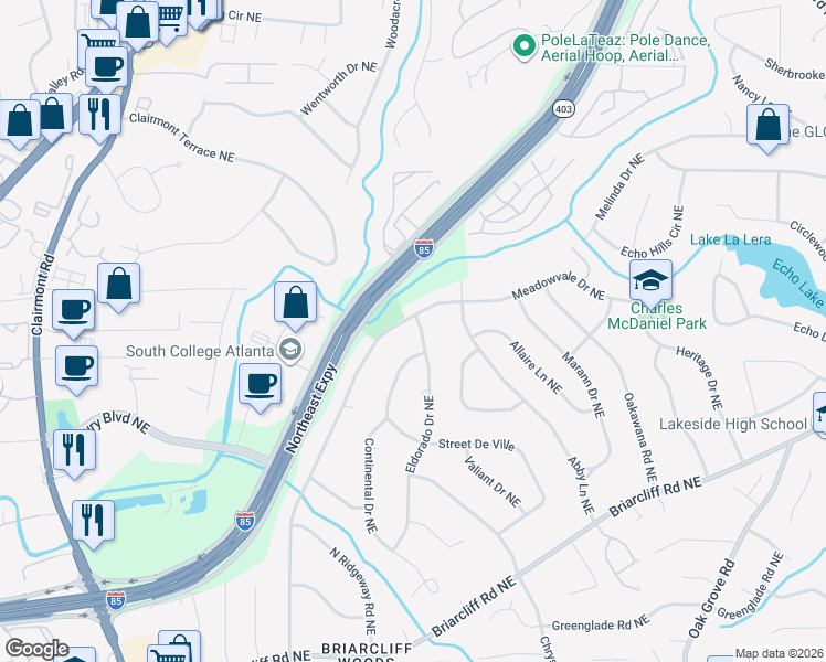 map of restaurants, bars, coffee shops, grocery stores, and more near 2241 Fisher Trail Northeast in Atlanta