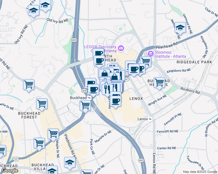 map of restaurants, bars, coffee shops, grocery stores, and more near 3388 Peachtree Road Northeast in Atlanta