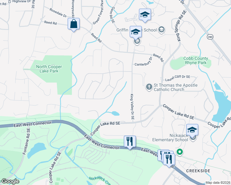 map of restaurants, bars, coffee shops, grocery stores, and more near 1041 Queensgate Drive Southeast in Smyrna