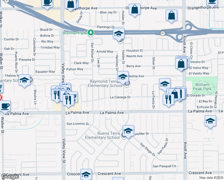 map of restaurants, bars, coffee shops, grocery stores, and more near 7822 La Mona Circle in Buena Park