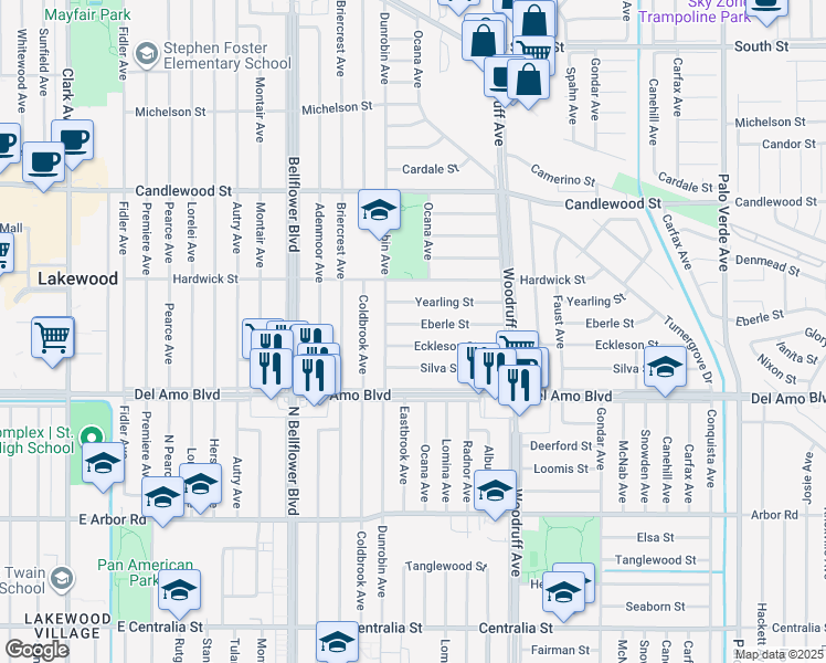 map of restaurants, bars, coffee shops, grocery stores, and more near 5728 Eberle Street in Lakewood