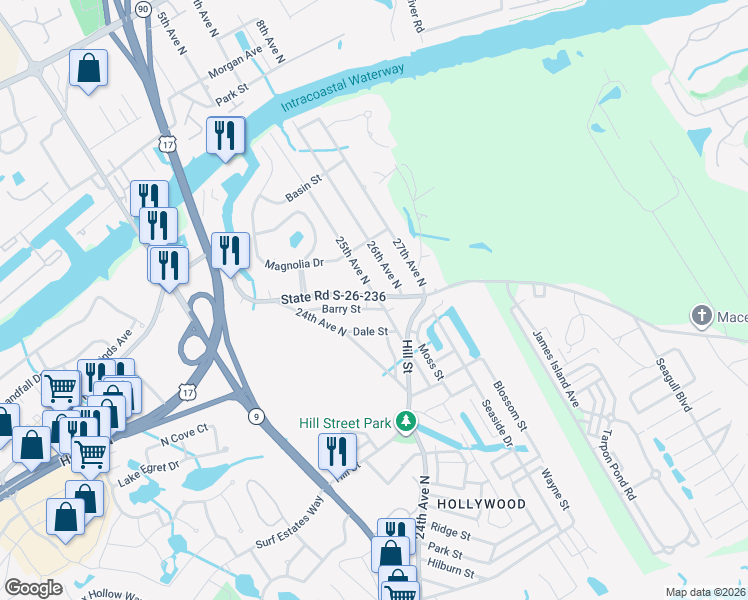 map of restaurants, bars, coffee shops, grocery stores, and more near 2428 Little River Neck Road in North Myrtle Beach