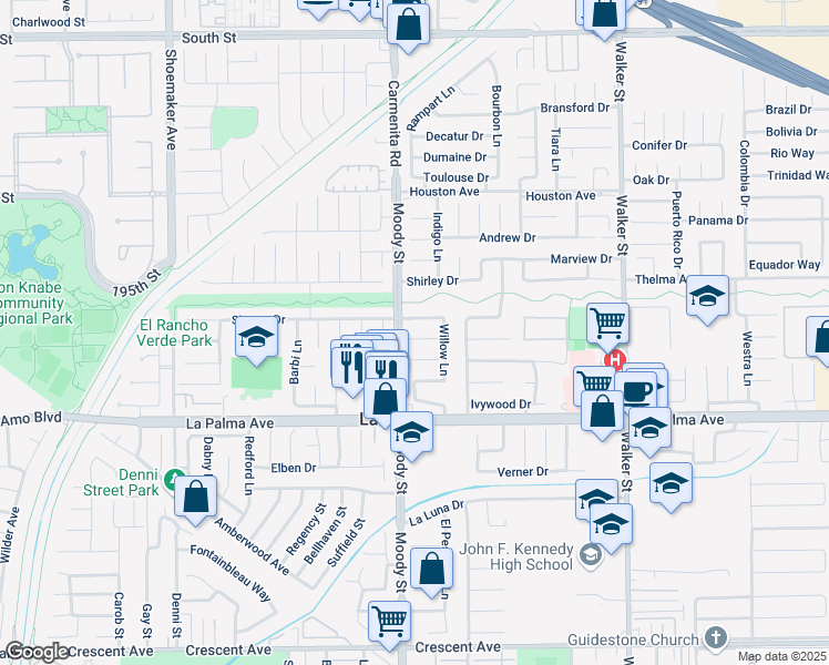 map of restaurants, bars, coffee shops, grocery stores, and more near 5021 Pine Circle in La Palma