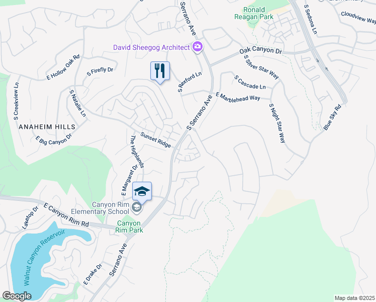 map of restaurants, bars, coffee shops, grocery stores, and more near 8112 East Santo Court in Anaheim