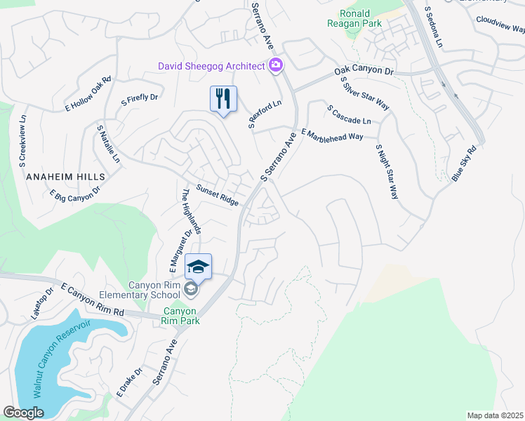 map of restaurants, bars, coffee shops, grocery stores, and more near 1000 South Rossano Way in Anaheim