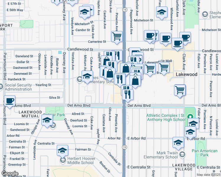map of restaurants, bars, coffee shops, grocery stores, and more near 4954 Castana Avenue in Lakewood