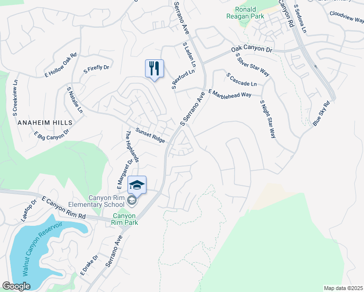 map of restaurants, bars, coffee shops, grocery stores, and more near 1041 South San Marino Way in Anaheim