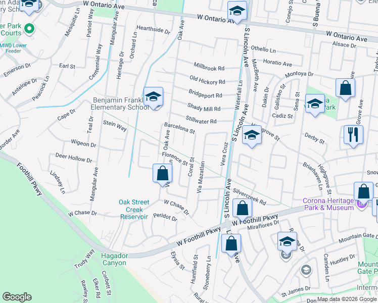 map of restaurants, bars, coffee shops, grocery stores, and more near 2890 Coral Street in Corona