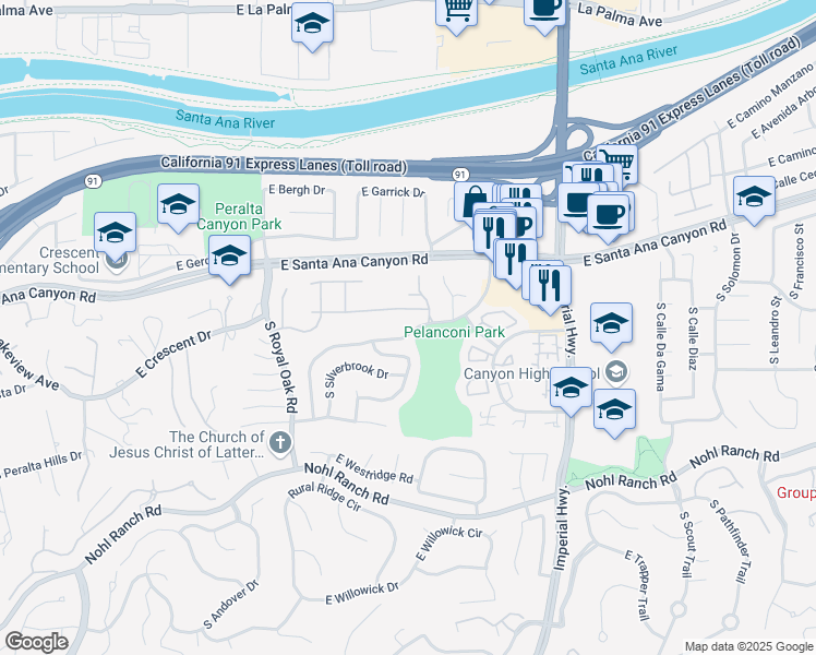 map of restaurants, bars, coffee shops, grocery stores, and more near 269 South Avenida Margarita in Anaheim