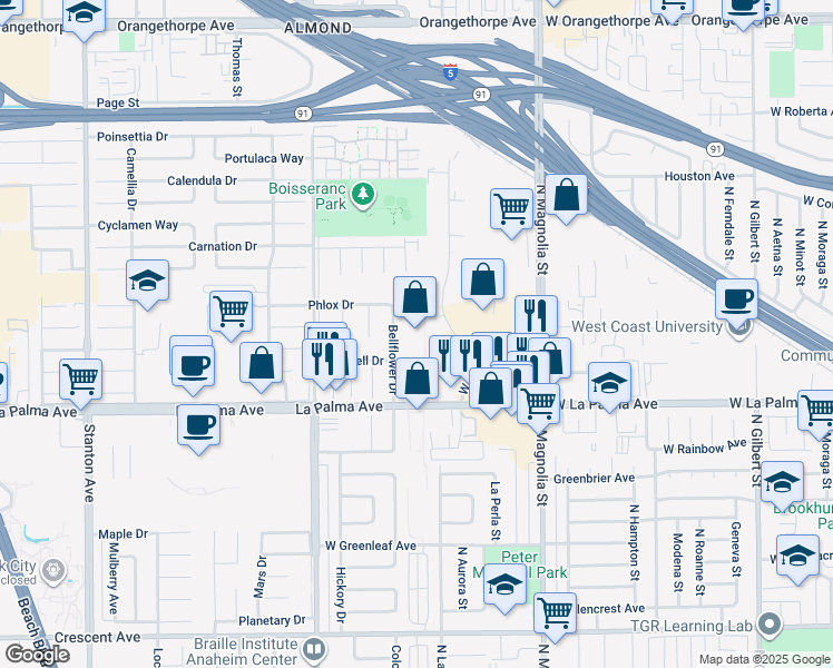 map of restaurants, bars, coffee shops, grocery stores, and more near 8735 La Palma Avenue in Buena Park