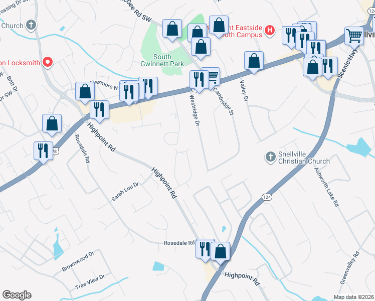 map of restaurants, bars, coffee shops, grocery stores, and more near 2331 Westridge Drive in Snellville