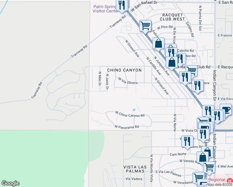 map of restaurants, bars, coffee shops, grocery stores, and more near in Palm Springs