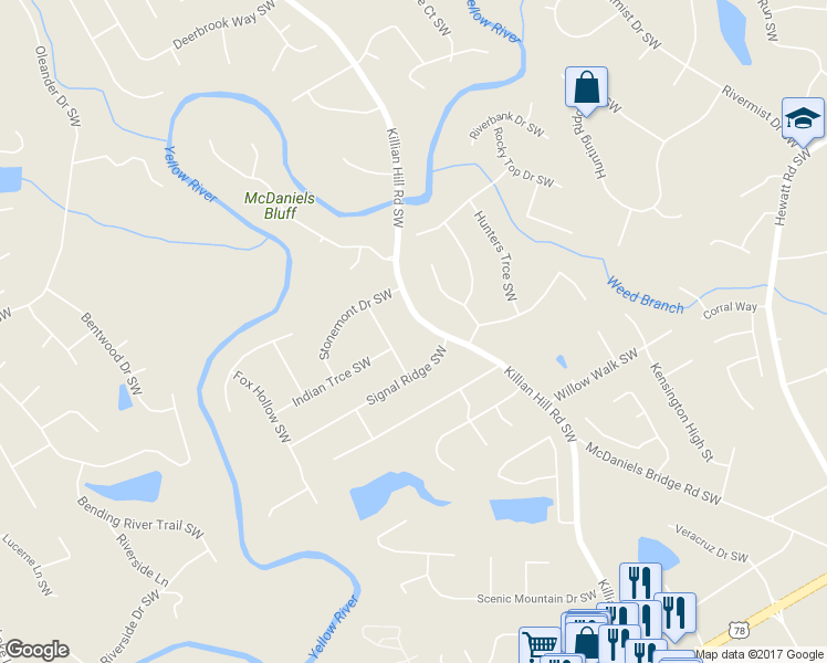 map of restaurants, bars, coffee shops, grocery stores, and more near 1749 Killian Hill Road Southwest in Lilburn