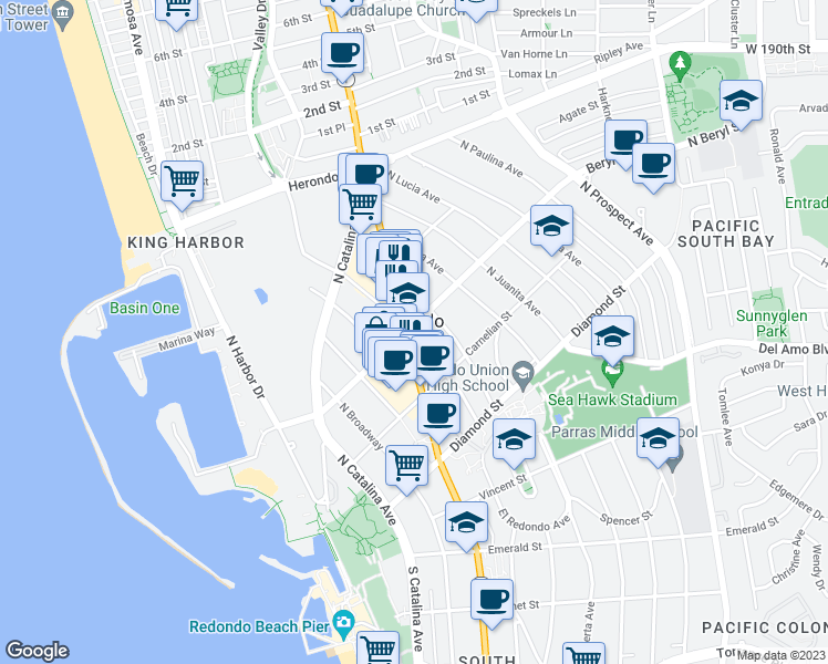 map of restaurants, bars, coffee shops, grocery stores, and more near 428 North Gertruda Avenue in Redondo Beach