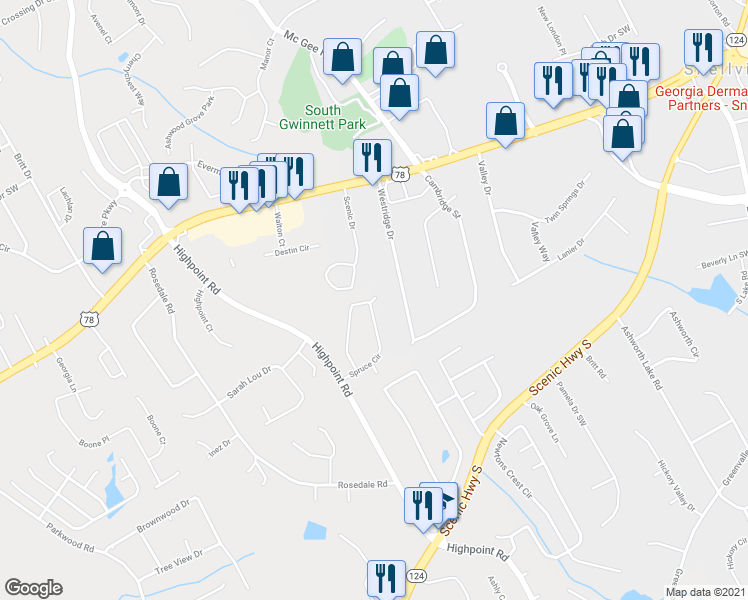 map of restaurants, bars, coffee shops, grocery stores, and more near 3002 Spruce Circle in Snellville
