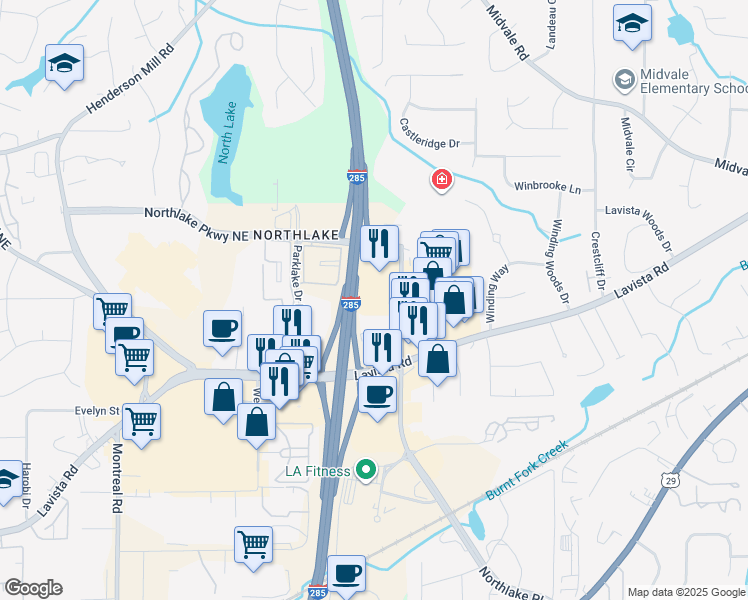 map of restaurants, bars, coffee shops, grocery stores, and more near 2190 Northlake Parkway in Tucker