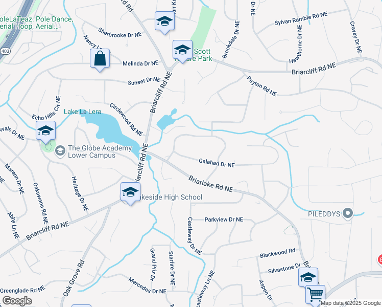 map of restaurants, bars, coffee shops, grocery stores, and more near 2668 Galahad Drive Northeast in Atlanta