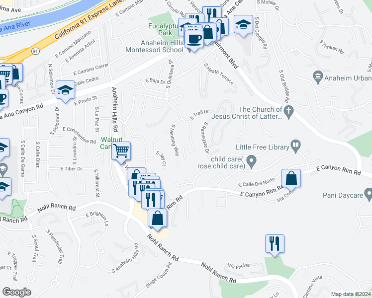 map of restaurants, bars, coffee shops, grocery stores, and more near 6240 East Fox Glen Drive in Anaheim