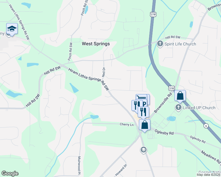 map of restaurants, bars, coffee shops, grocery stores, and more near 4337 Hiram Lithia Springs Road Southwest in Powder Springs