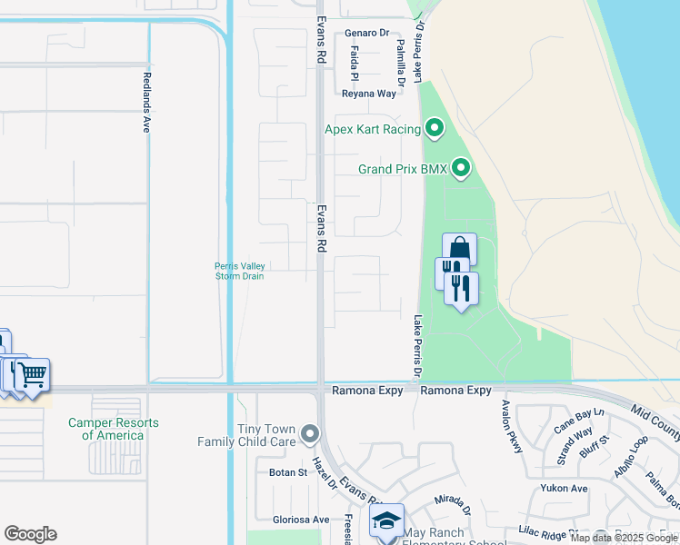 map of restaurants, bars, coffee shops, grocery stores, and more near 4513 Brimstone Avenue in Perris