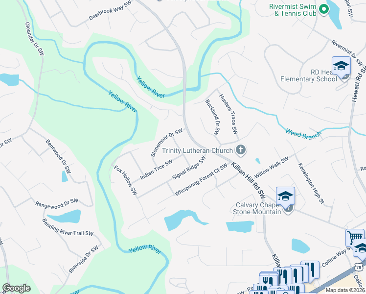 map of restaurants, bars, coffee shops, grocery stores, and more near 1732 Beauregard Drive Southwest in Lilburn