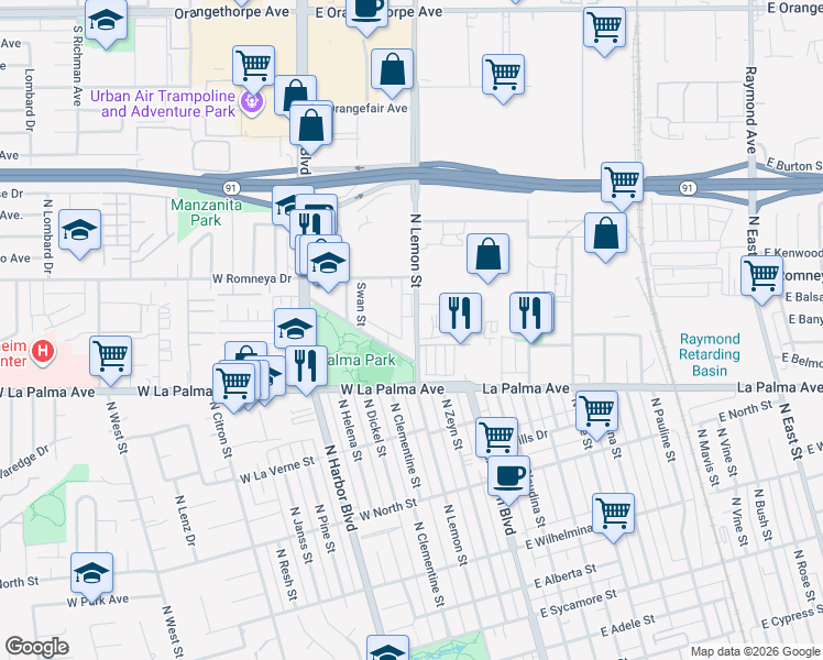 map of restaurants, bars, coffee shops, grocery stores, and more near 1121 North Anaheim Boulevard in Anaheim