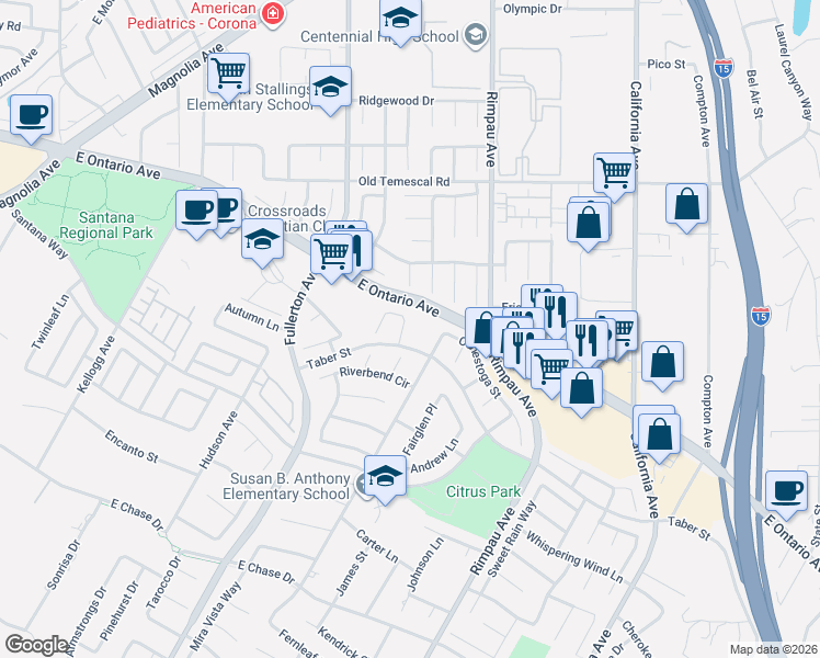 map of restaurants, bars, coffee shops, grocery stores, and more near 2359 Calvert Street in Corona