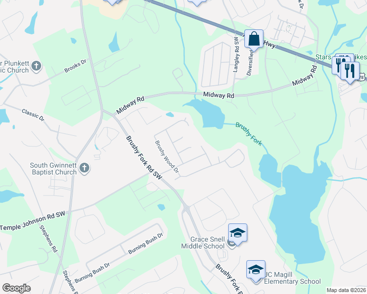 map of restaurants, bars, coffee shops, grocery stores, and more near 3663 Rolling Meadows Way in Loganville