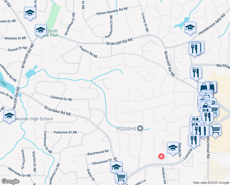 map of restaurants, bars, coffee shops, grocery stores, and more near 2208 Guinevere Way in Atlanta