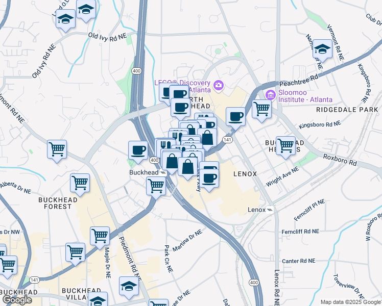 map of restaurants, bars, coffee shops, grocery stores, and more near 3378 Peachtree Road Northeast in Atlanta