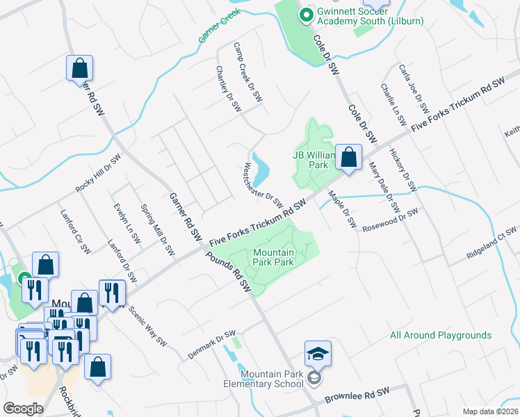 map of restaurants, bars, coffee shops, grocery stores, and more near 5012 Chester Court Southwest in Lilburn