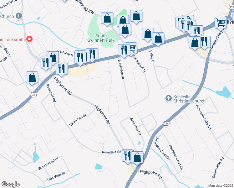 map of restaurants, bars, coffee shops, grocery stores, and more near 3027 Spruce Circle in Snellville