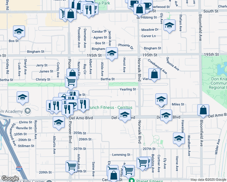 map of restaurants, bars, coffee shops, grocery stores, and more near 19909 Grayland Avenue in Cerritos
