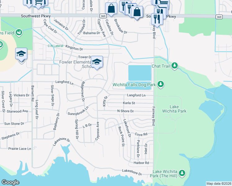 map of restaurants, bars, coffee shops, grocery stores, and more near 4708 Langford Lane in Wichita Falls