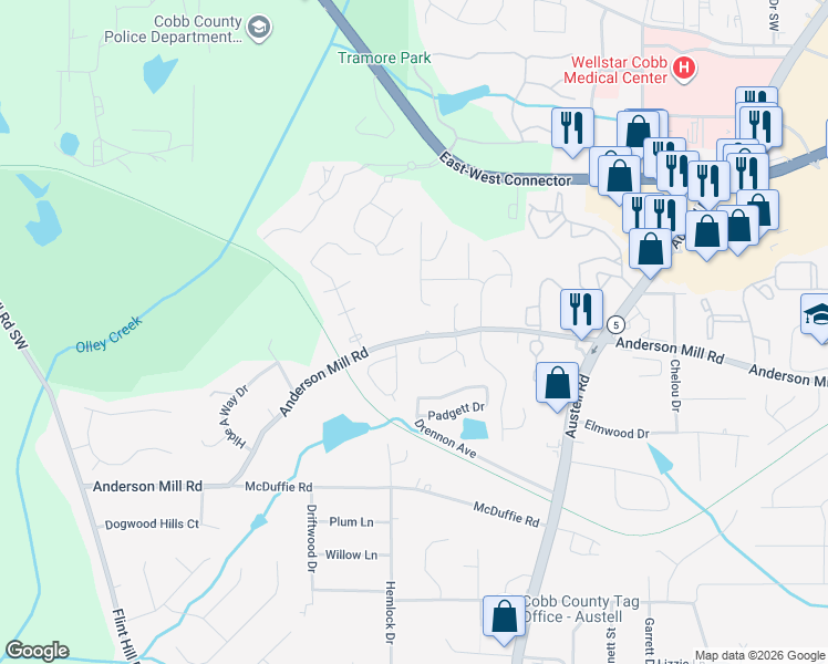 map of restaurants, bars, coffee shops, grocery stores, and more near 2090 Anderson Mill Rd in Austell