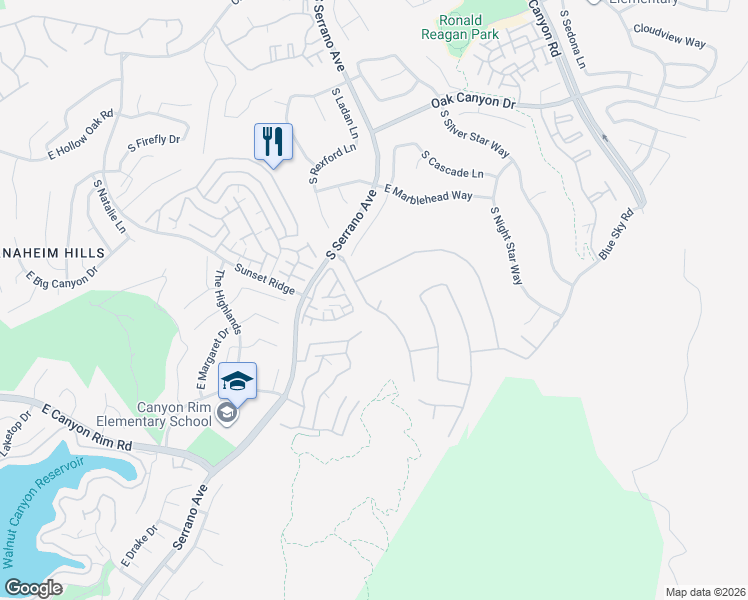 map of restaurants, bars, coffee shops, grocery stores, and more near 8115 E Oxley Ct in Anaheim
