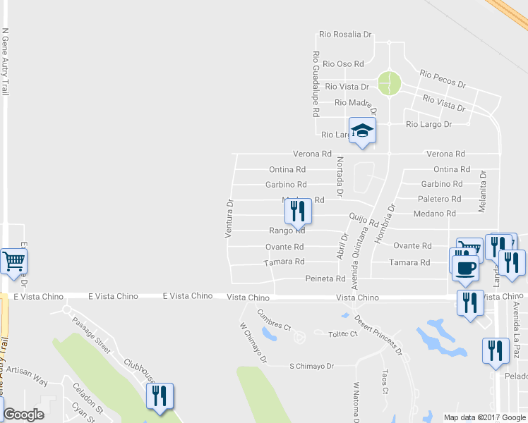 map of restaurants, bars, coffee shops, grocery stores, and more near 67180 Quijo Road in Cathedral City