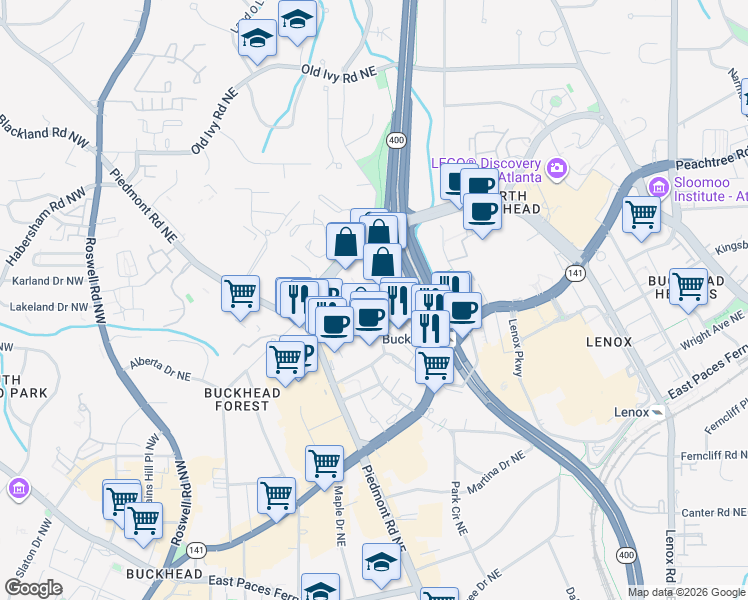 map of restaurants, bars, coffee shops, grocery stores, and more near 3334 Peachtree Road Northeast in Atlanta