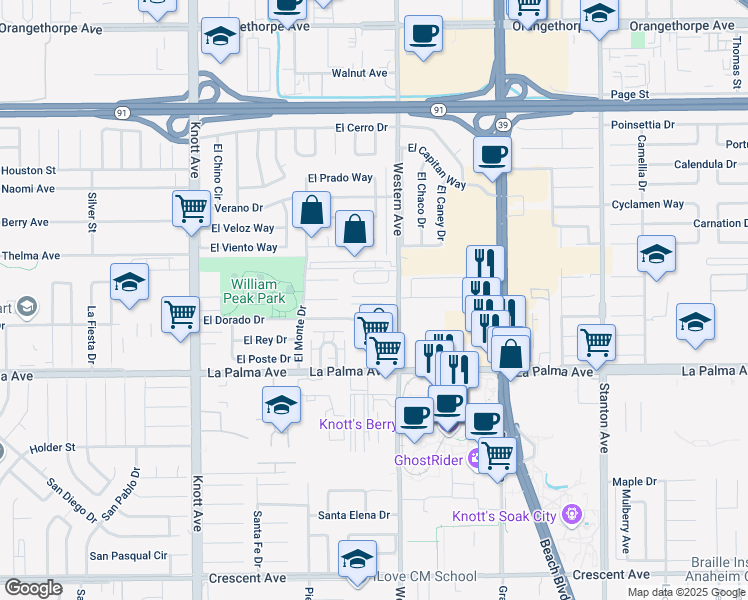 map of restaurants, bars, coffee shops, grocery stores, and more near 7450 El Rosal Circle in Buena Park