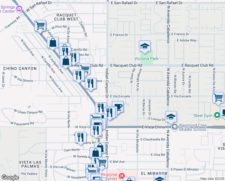 map of restaurants, bars, coffee shops, grocery stores, and more near 2146 North Indian Canyon Drive in Palm Springs