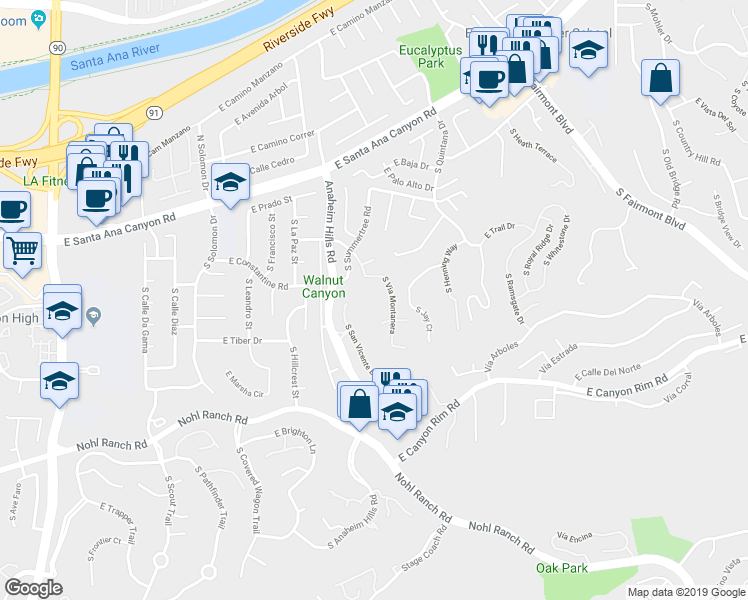 map of restaurants, bars, coffee shops, grocery stores, and more near 279 South Via Montanera in Anaheim