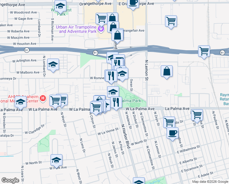 map of restaurants, bars, coffee shops, grocery stores, and more near 1055 North Harbor Boulevard in Anaheim