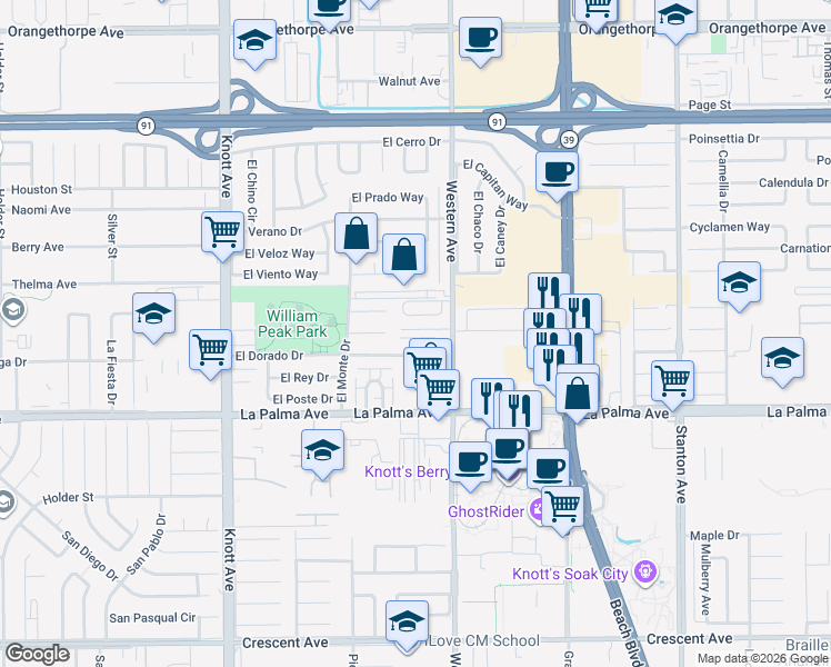 map of restaurants, bars, coffee shops, grocery stores, and more near 7430 El Rosal Circle in Buena Park