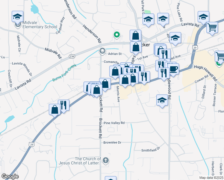 map of restaurants, bars, coffee shops, grocery stores, and more near 3897 Lawrenceville Highway in Tucker