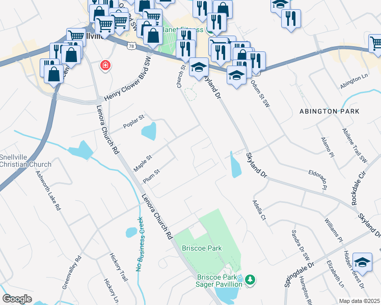 map of restaurants, bars, coffee shops, grocery stores, and more near 2555 Beal Street in Snellville