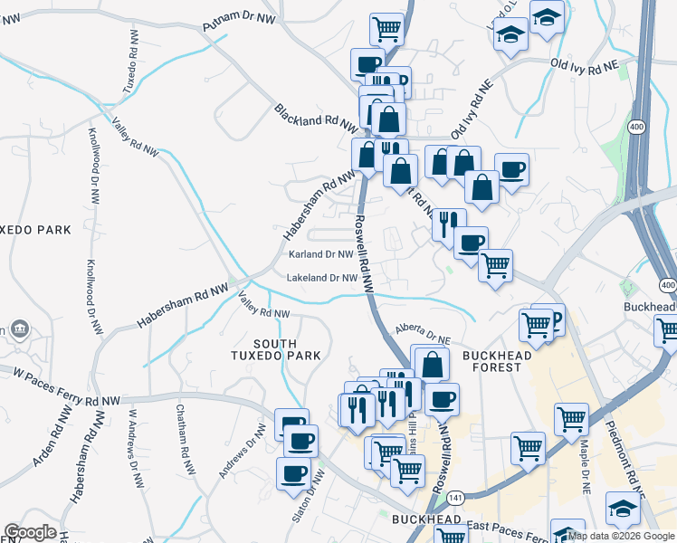 map of restaurants, bars, coffee shops, grocery stores, and more near 45 Lakeland Drive Northwest in Atlanta