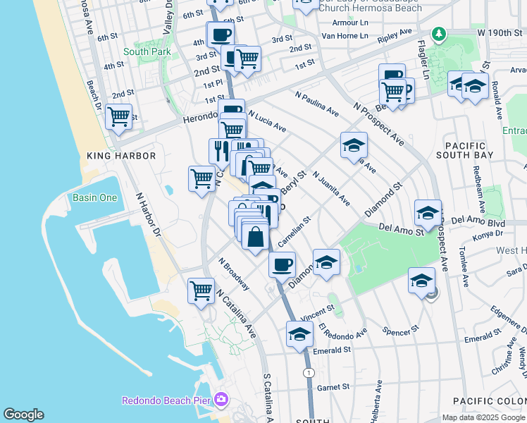 map of restaurants, bars, coffee shops, grocery stores, and more near in Redondo Beach